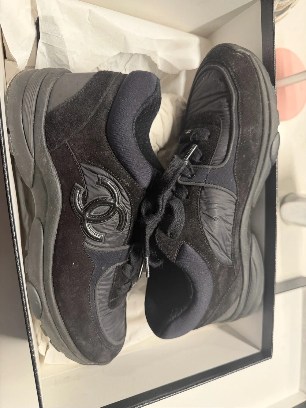 CHANEL Black Suede & Nylon Logo Sneakers